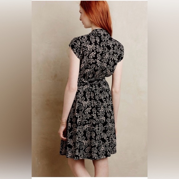 Anthropologie Maeve NORONHA BLACK ELEPHANT MOTIF faux wrap dress size medium - Picture 4 of 13